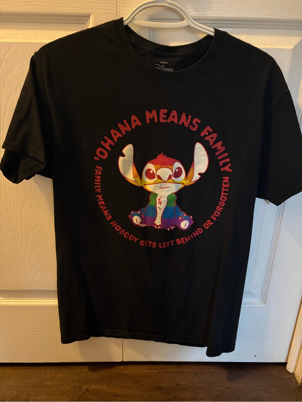 Disney Black Tee with Multicolor Stitch Graphic - 'Ohana Means Family'